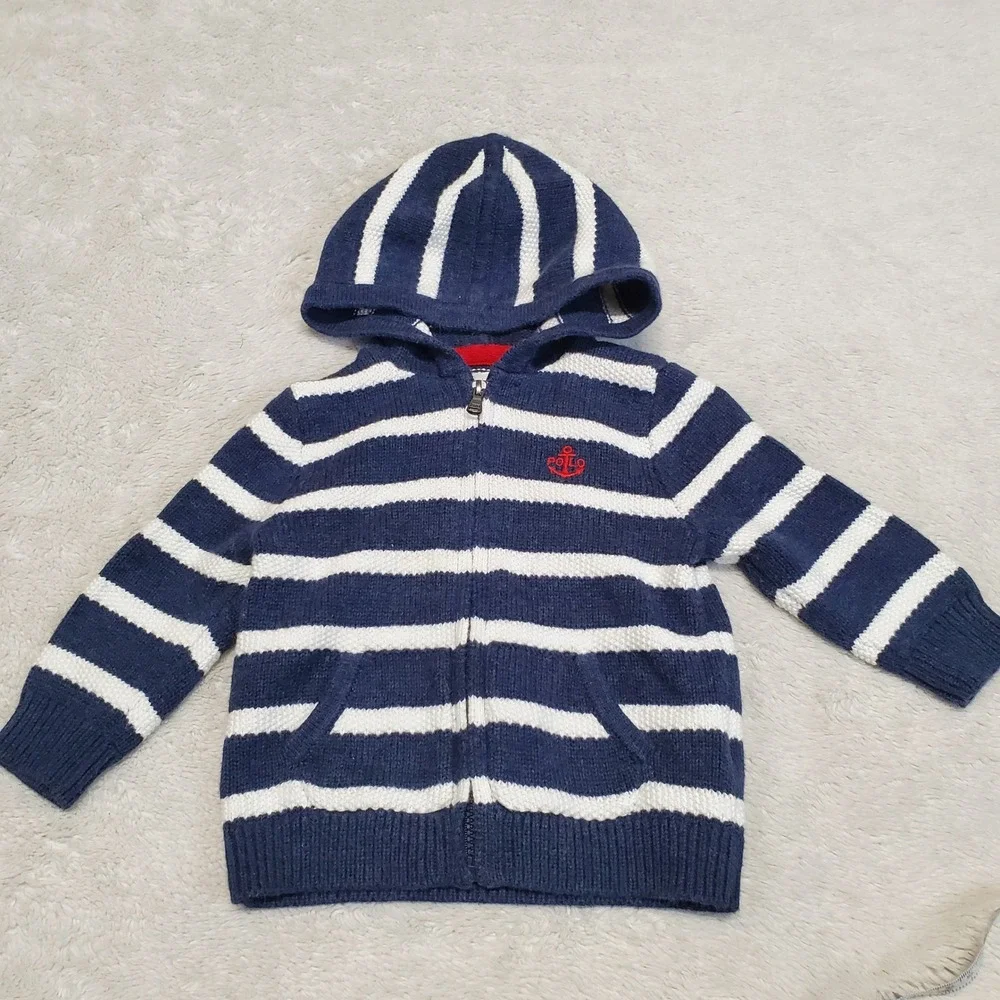 Ralph Lauren Blue White Striped Knit Hooded‎ Sweater Cardigan Baby Boy 12 months